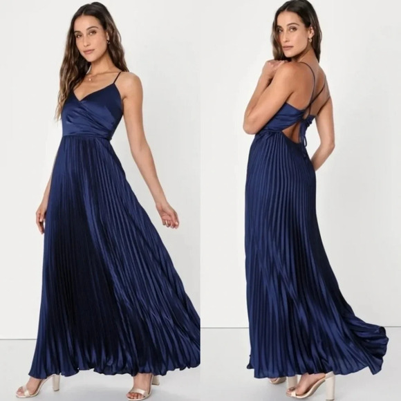 Lulu's Precious Sentiments Navy Blue Satin Pleated Tie-Back Maxi Dress Wedding - Picture 1 of 12